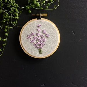Hand embroidered lavender wall art.